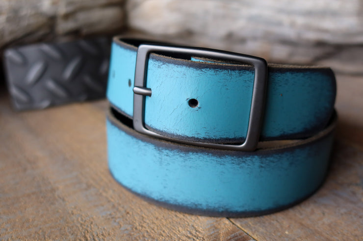 DISTRESSED VERDIGRIS LEATHER BELT